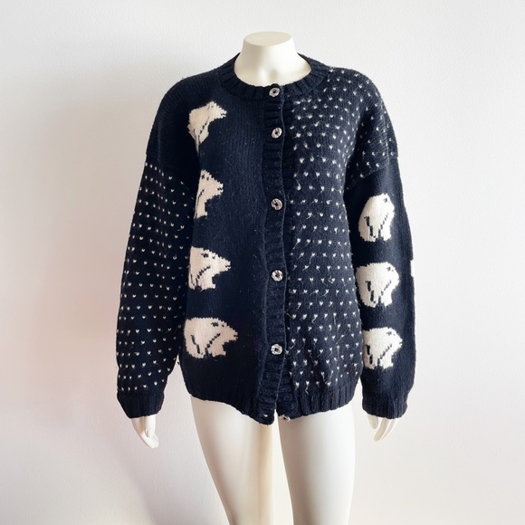 Nomadic Traders Black White Bear Wool Button Down Sweater Made in Peru Medium - Picture 5 of 9